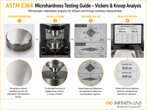 Infinita Engineering Visual showing ASTM E384 Microhardness Testing Guide – Vickers & Knoop Analysis mechanical / structural testing workflow.
