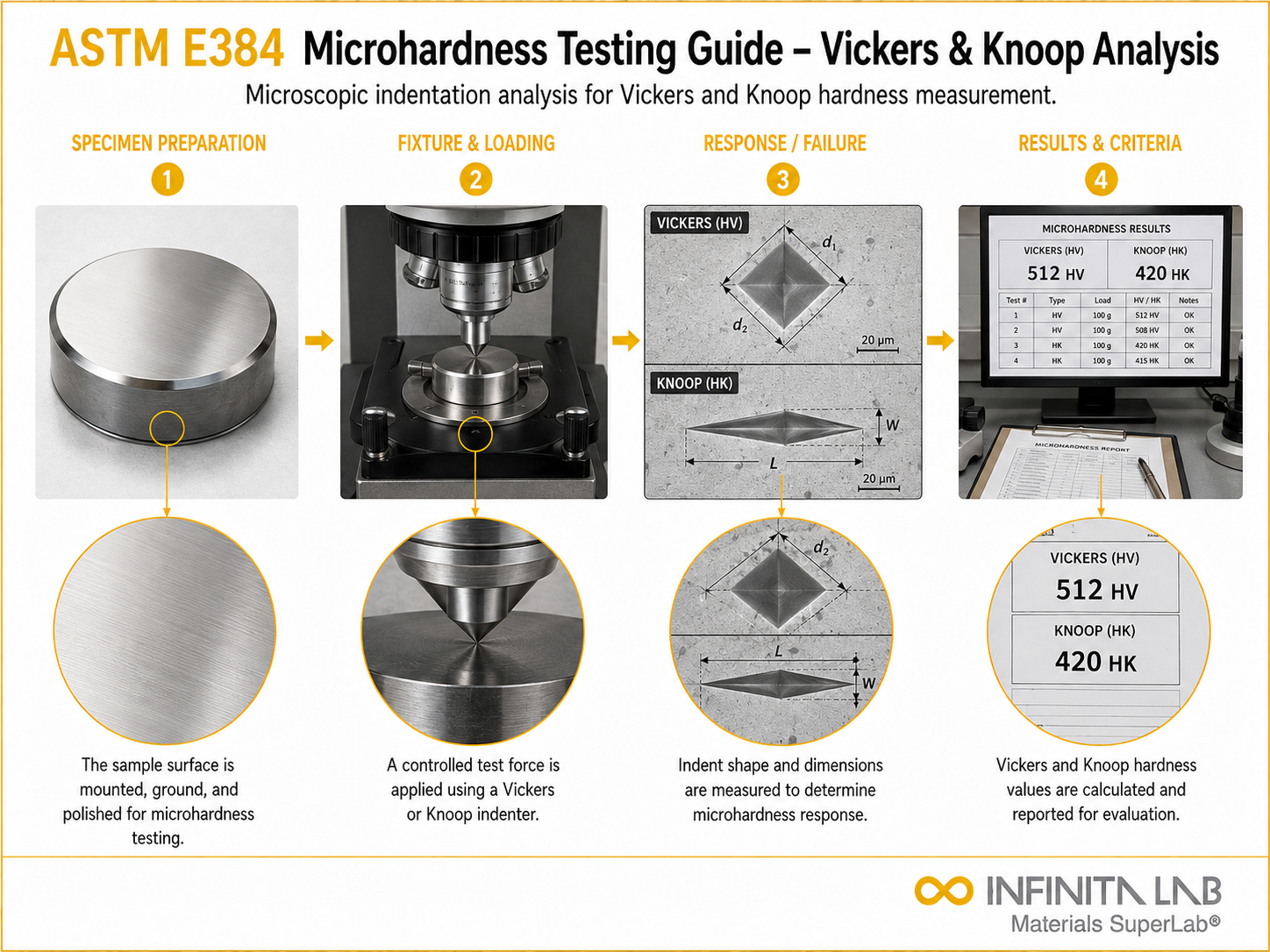 Infinita Engineering Visual showing ASTM E384 Microhardness Testing Guide – Vickers & Knoop Analysis mechanical / structural testing workflow.