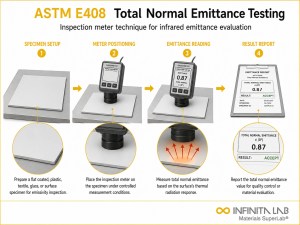 Infinita Engineering Visual showing ASTM E408 color / light stability / emittance workflow for astm e408: total normal emittance testing by inspection meter.