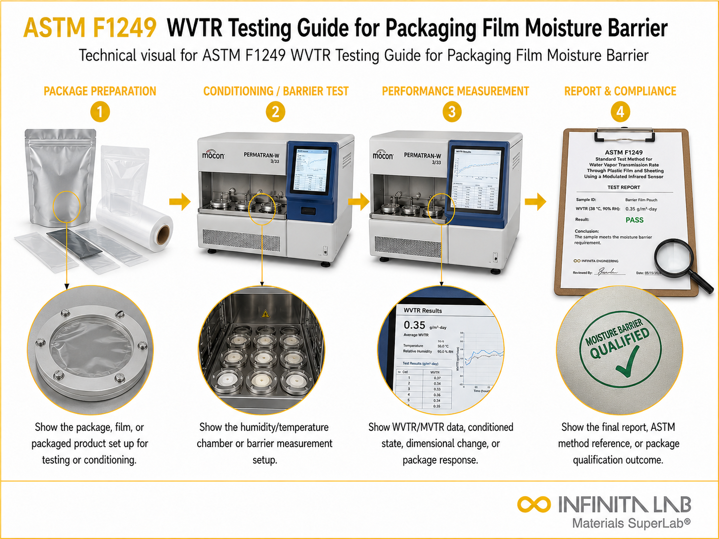 Infinita Engineering Visual showing ASTM F1249 WVTR Testing Guide for Packaging Film Moisture Barrier packaging / conditioning / barrier workflow.