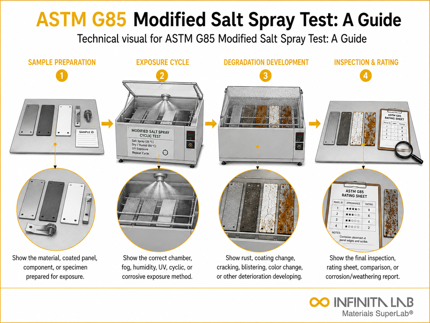 Infinita Engineering Visual showing ASTM G85 Modified Salt Spray Test: A Guide corrosion / weathering / durability workflow.