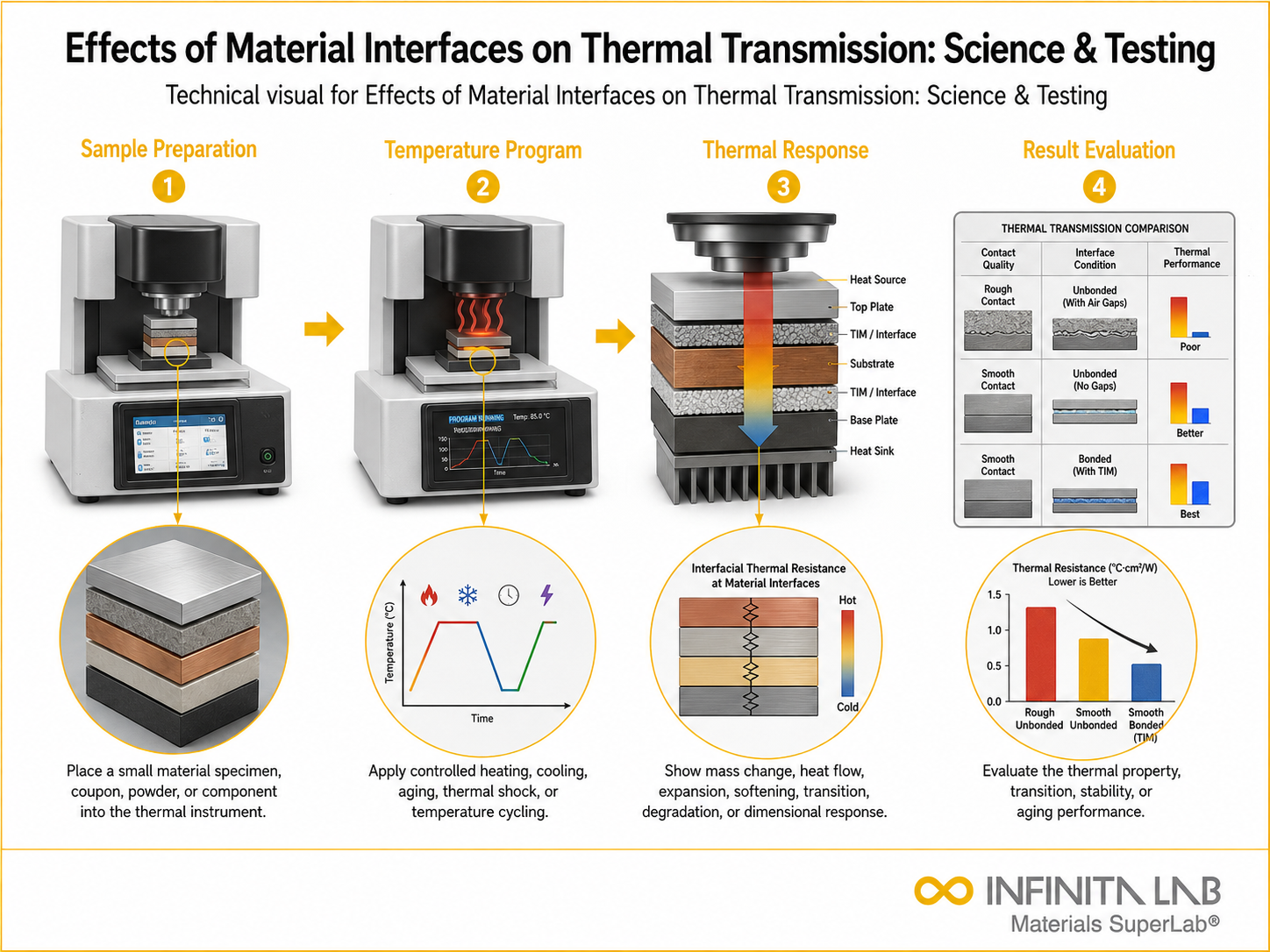 Infinita Engineering Visual showing Effects Of Material thermal analysis / heat testing workflow for effects of material interfaces on thermal transmission: science & testing.